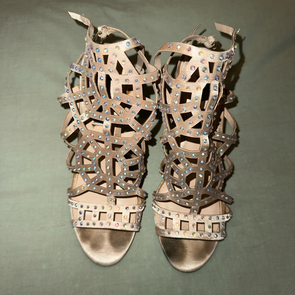 Blue by Betsey Johnson Champagne Satin Rhinestone Strappy Sandals